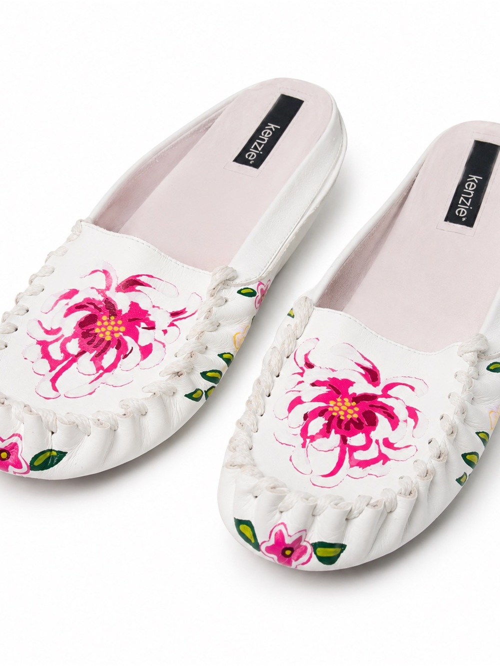 Kenzie White Slip-On Mules with Pink Floral Artwork